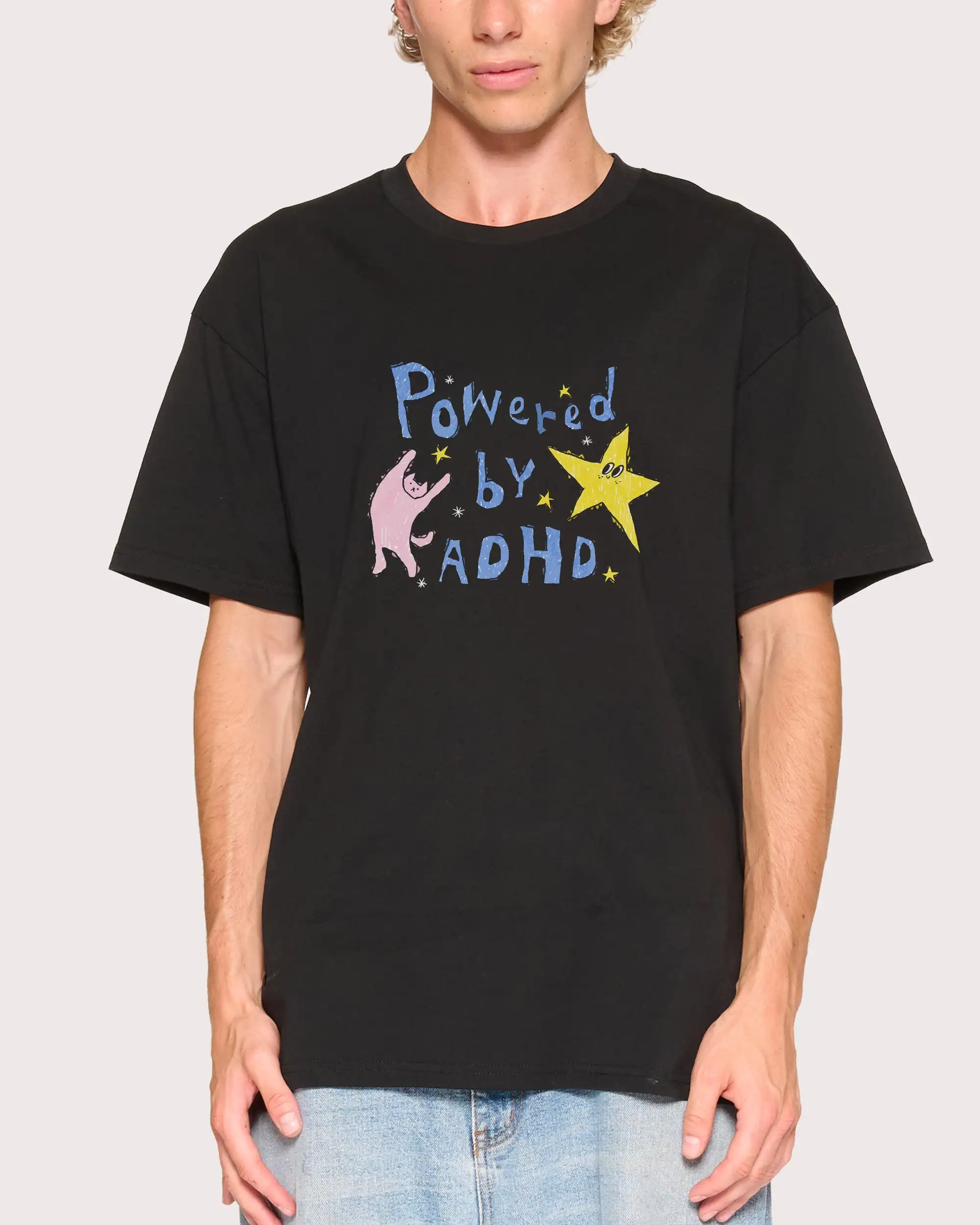 Black Powered By ADHD Fun Meme Street Trend Brands Graphic T-Shirt Cotton Men Women Streetwear Tee