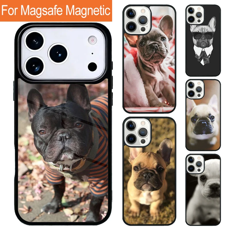 Capa Magnética Sem Fio Macia para Celular com Design de Bulldog Francês e Pug para iPhone 17 Pro 16 15 13 12 11 Pro Max Air 14 Plus com Magsafe