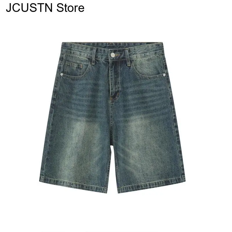 

Модные джинсовые короткие брюки до колена со средней высокой талией, летние мужские повседневные джинсовые шорты, свободные винтажные мужские новые корейские уличные шорты