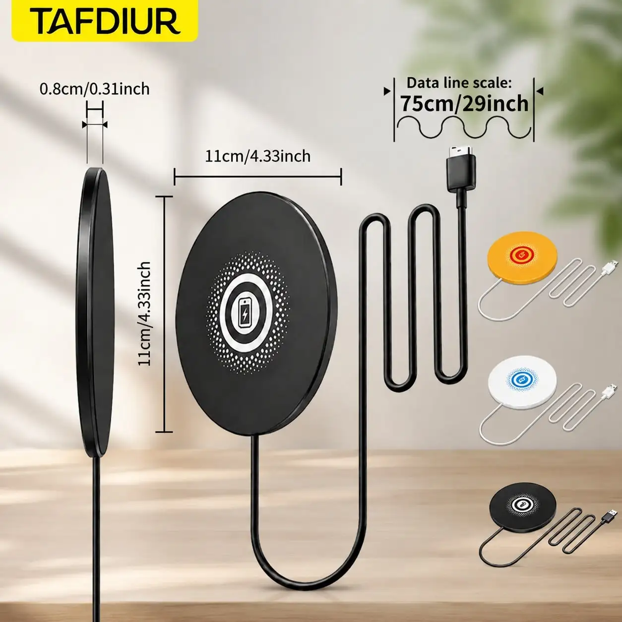 Tafdiur 1-Piece Silicone Round Design USB Interface Car Wireless Charger, 15W Fast Charging Pad, 75cm Cable, Universal Wireless Charging Pad, Suitable for iPhone 16 15 15 Pro Max 14 13 12 X Samsung S24 S23