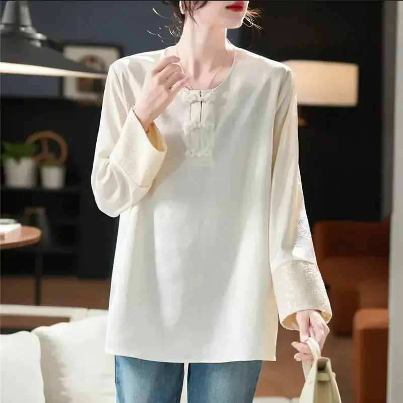 Black Jacquard Chiffon Blouse Women Beading Buckle Shirt for Woman Autumn Loose Sequined Cuff Spliced Tops