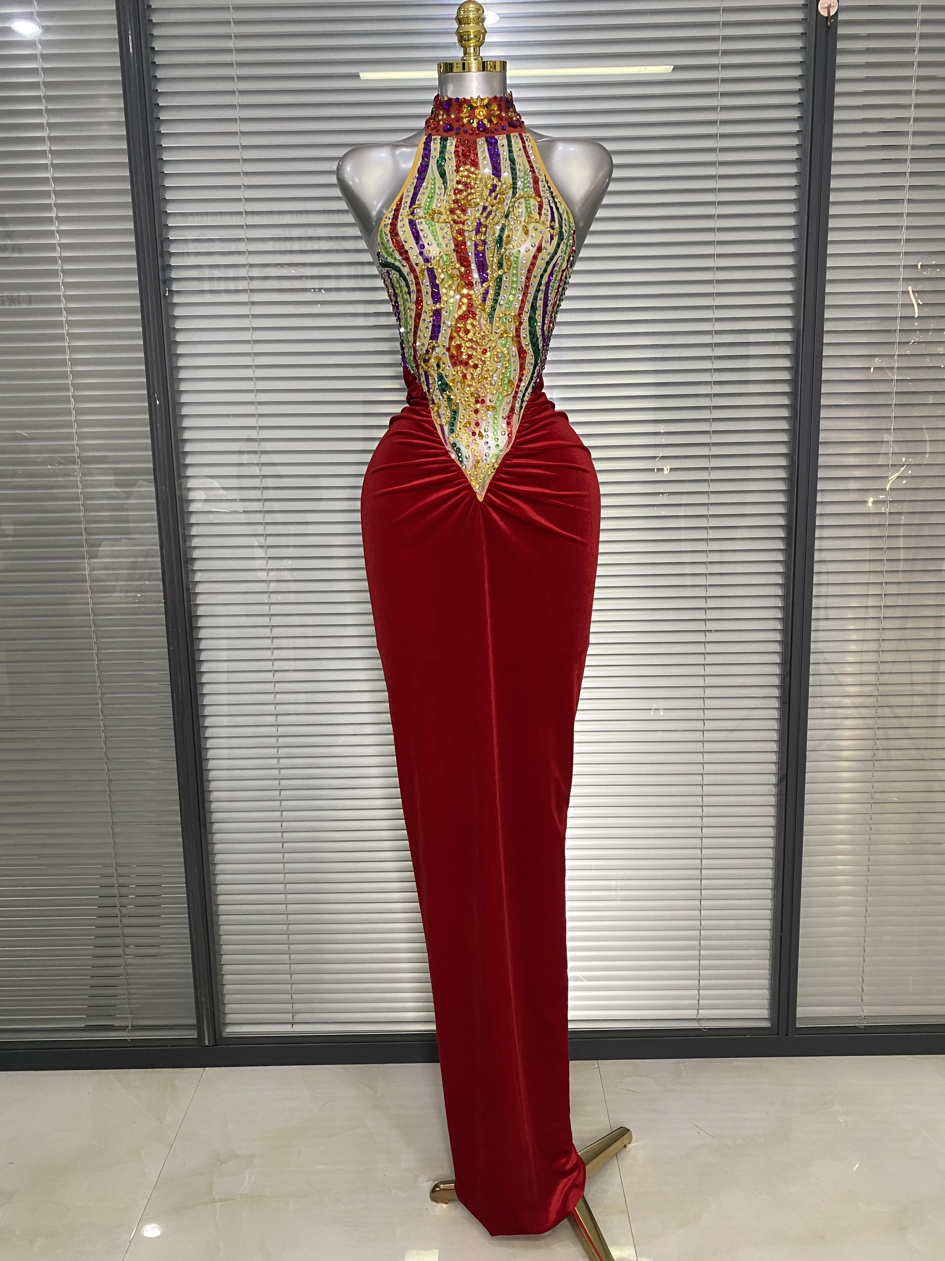 Sparkly Rhinestone Club Party Dress - Vestido largo de terciopelo rojo, sin