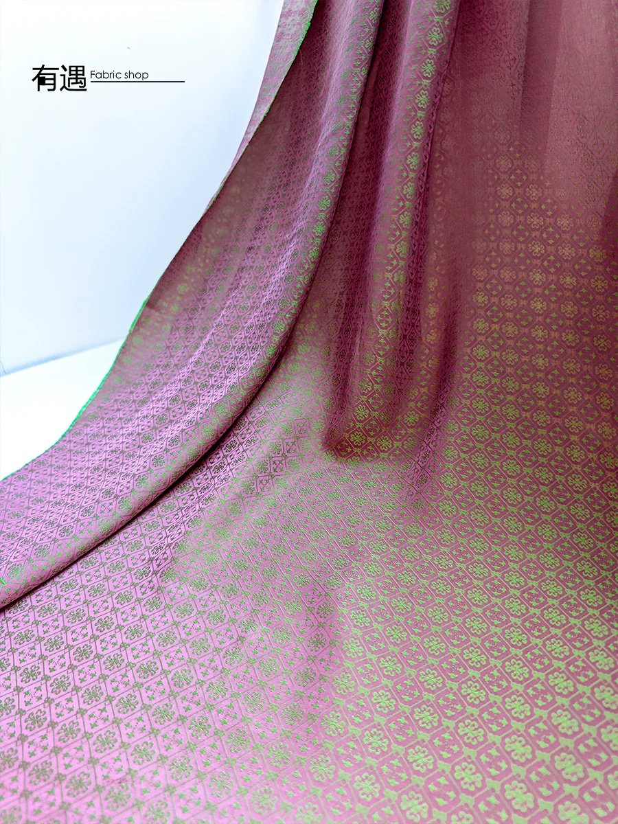 Silk Jacquard Fabric with Pink Green Luster Retro Patterned Checkered Texture Chinese Style Shirt Qipao Designer Fabric