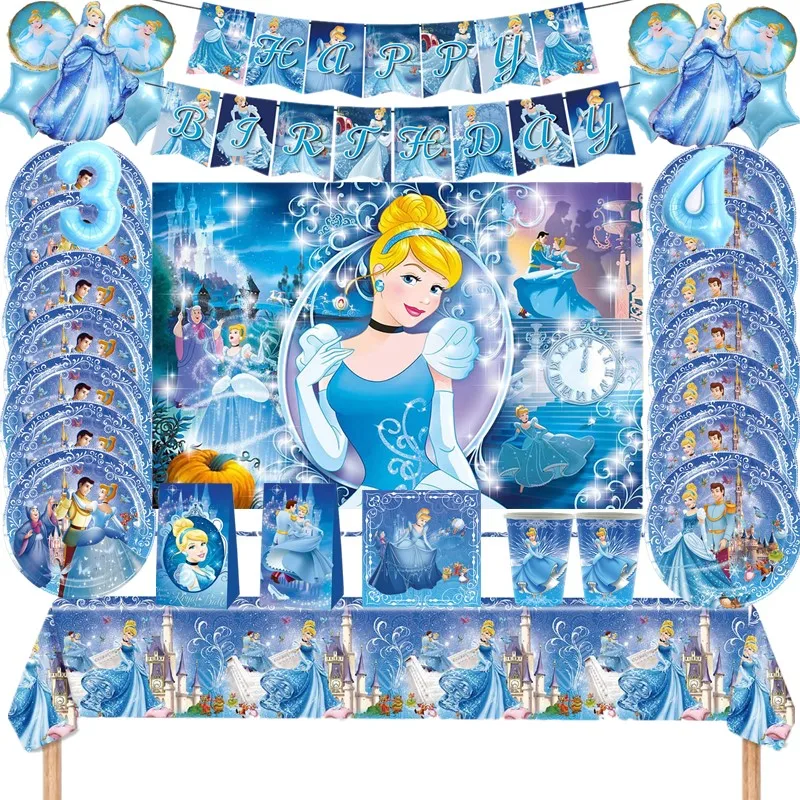 

Disney Cinderella Theme Birthday Party Disposable Tableware Cup Plate Tablecloth Balloon Banner Backdrop Baby Shower Supplies