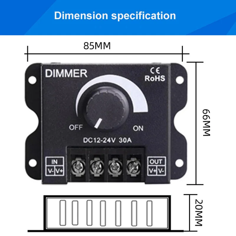 Ajustável LED Dimmer Switch, Dimmers Dimmers, Regulador Máximo de Tensão, Controlador para Lâmpada LED Strip Light, DC 12V, 24V, 30A