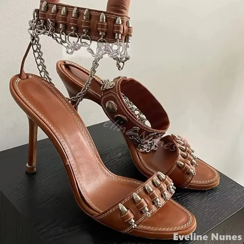 Metal Bullet Chain Retro Sandals Women Fashion Round Toe Ankle Strap High Heels Brown Shoes New Ladies Elegant Catwalk Sandals