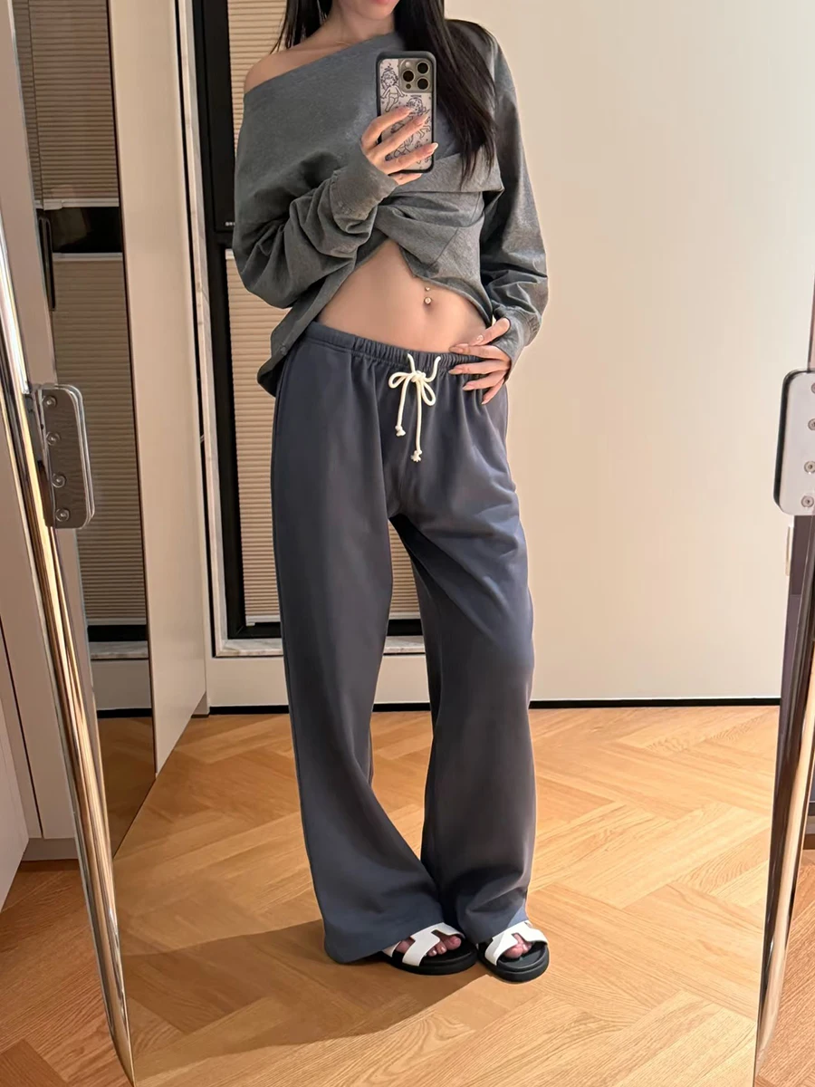 Solid Drawstring Straight Sweatpants Women Autumn High Waist Soft Cotton Trousers Casual Vintage Streetwear Sport Long Pant Y2k