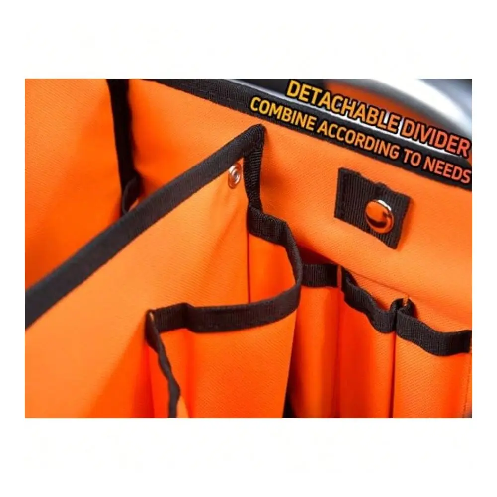 12 Inch Electrician Tool Tote Bag 1680D Ballistic Polyester 34 Pockets Open Top Foldable Tool Bags With Detachable Divider Tool Tote With Stainless Steel Handle Padded Shoulder Strap