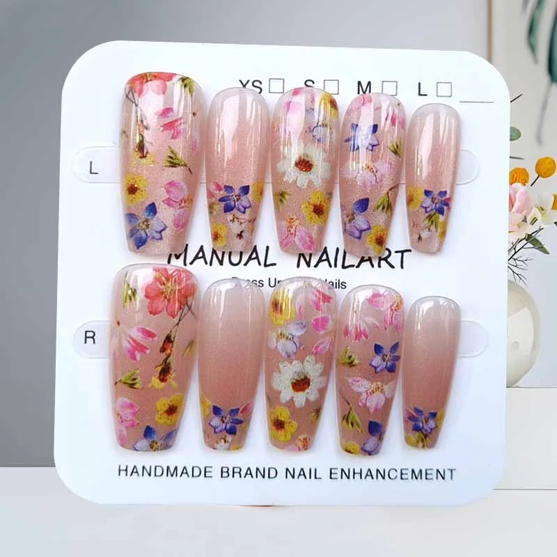 10 pièces doux Style féerique Dopamine crème fleur Nail Art presse sur les ongles amande Patch pour ongles oeil de chat tranches d'ongles faux ongles Art