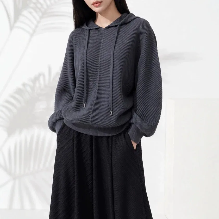Miyake‑Inspired Pleated Hoodie Women, Drawstring Hooded Long Sleeve Loose Drop‑Shoulder Textured Pleated Casual Sweatshirt Tops