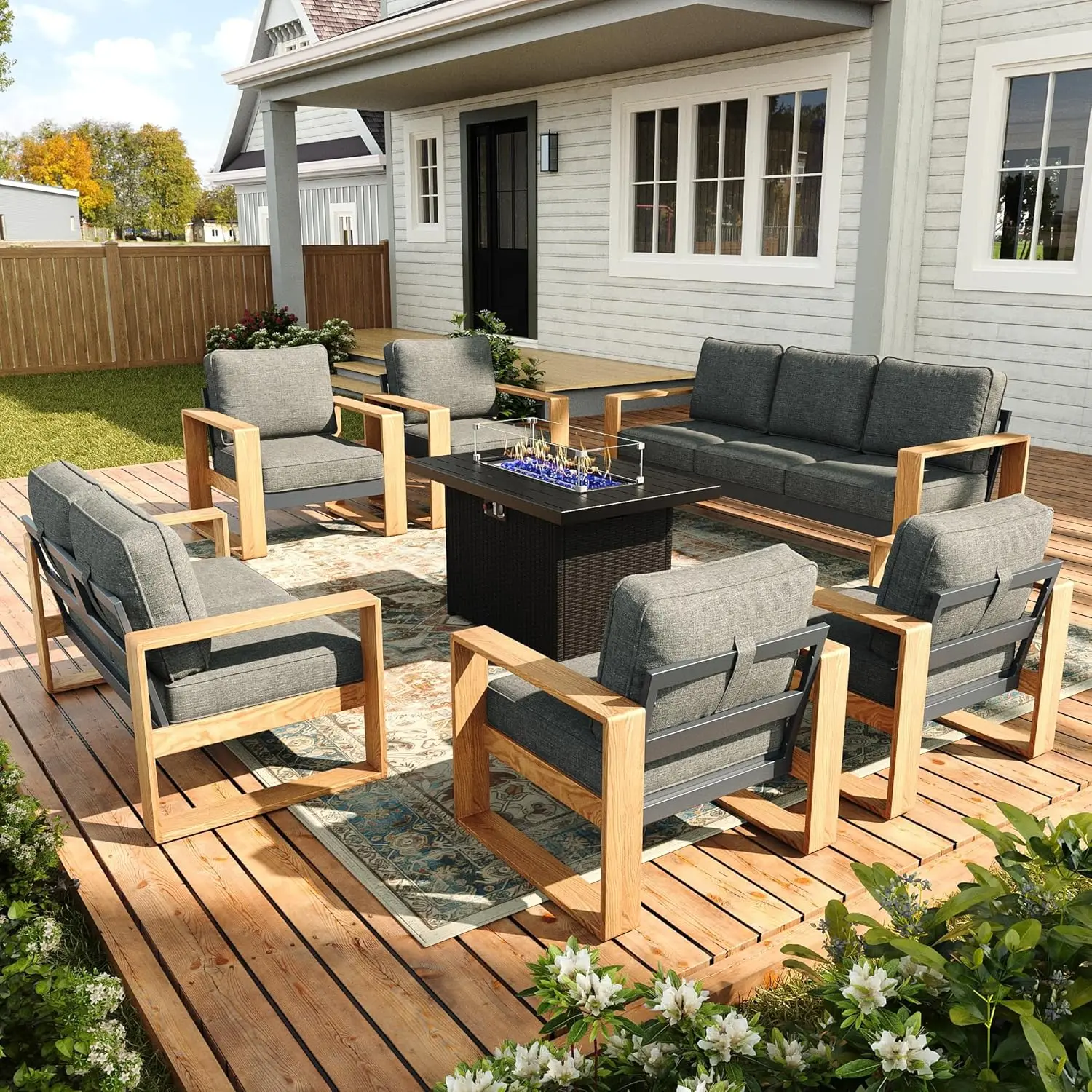 

Aluminum 7-Piece Outdoor Sectional Sofa Set Fire Pit Table Wide Seat Thick Cushion Patio Conversation, Customized