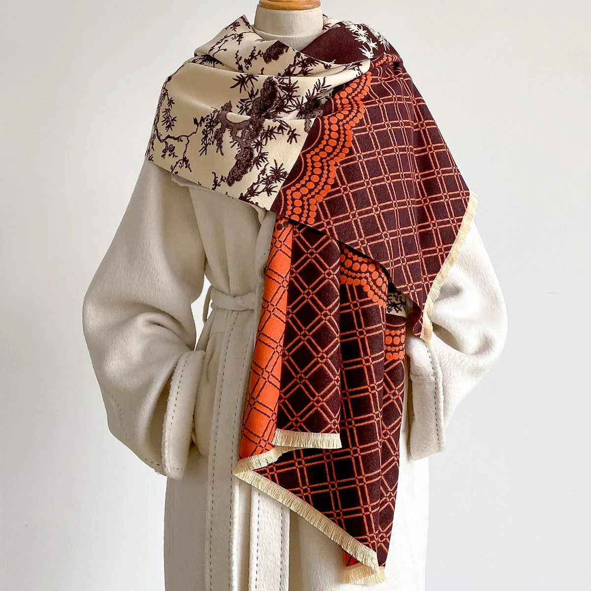 Winter High Grade Faux Cashmere Shawl Women Cream Vintage Oriental Pine Tree Pattern Thick Cozy Warm Large Wrap Scarf