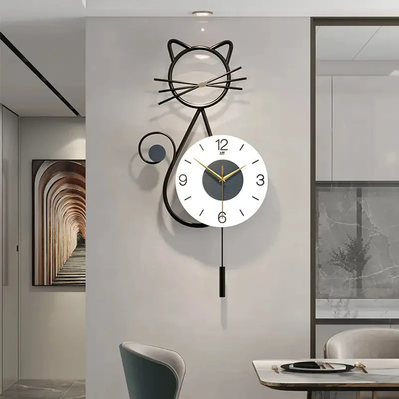 36*73cm Modern Minimalist Metal Cute Cat Wall Clock Creative Mute Swing Wall Clock 3d Gift Children's Room Decoration Clock