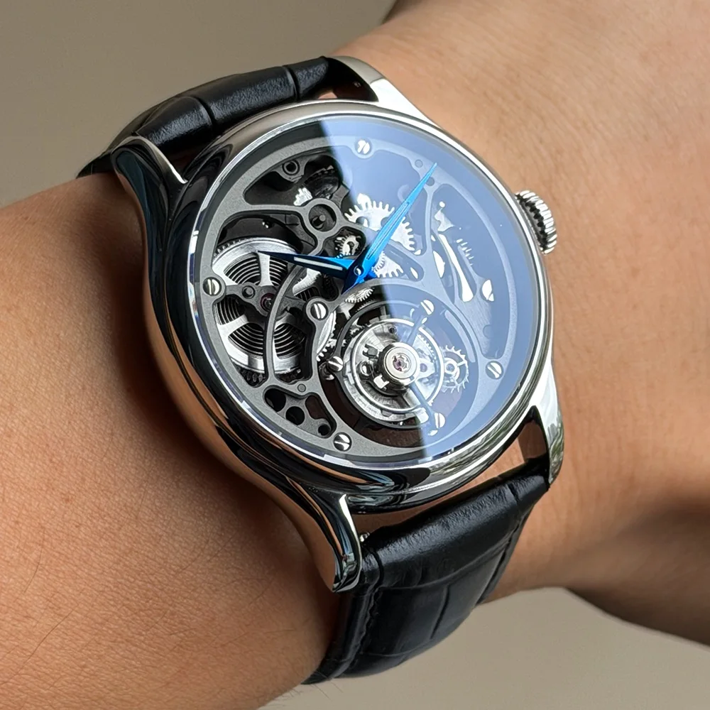Reloj Merkur 100% Skeleton Tourbillon, reloj de zafiro para hombre, relojes de pulsera mecánicos tallados, reloj masculino negro de 42mm