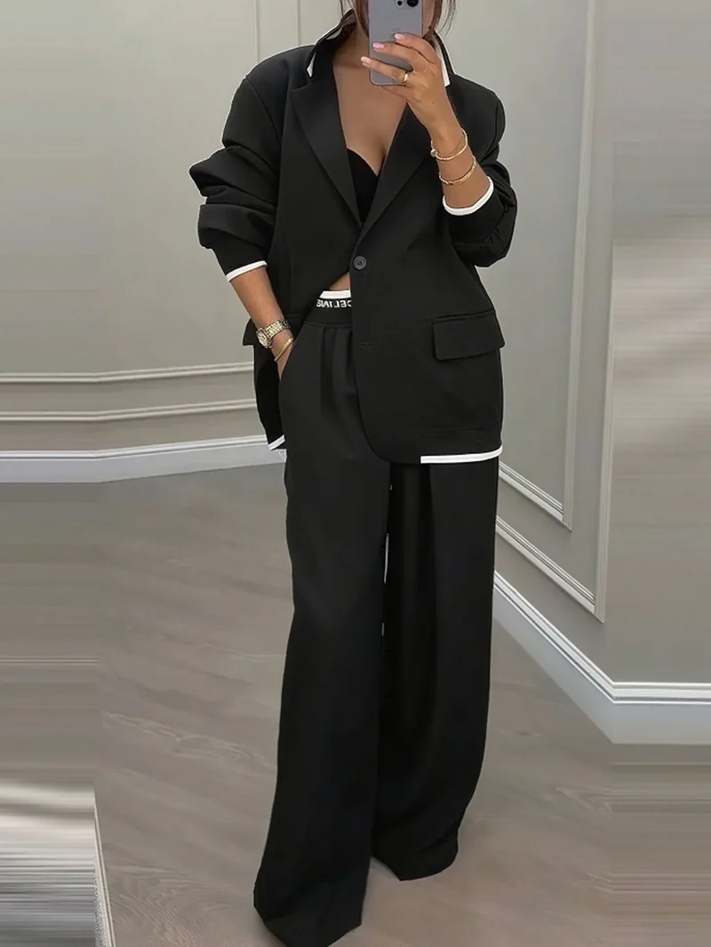 New Women Elegant 2 Piece Suit Set Long Sleeve Lapel Blazer Jacket Casual High Waist Wide Leg Trousers Fashion Solid Color Outfi