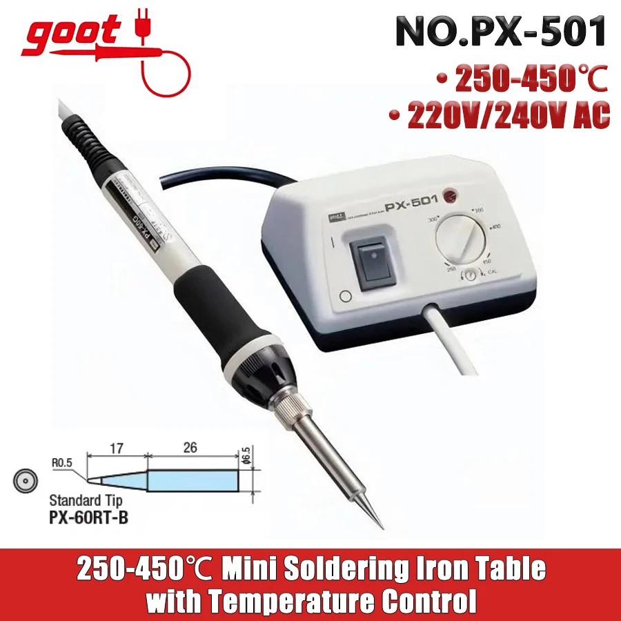 جوت PX-501 250-450 ℃   طاولة لحام صغيرة مع التحكم في درجة الحرارة ومحطة لحام حديد لحام قابلة للتعديل ومضادة للكهرباء الساكنة