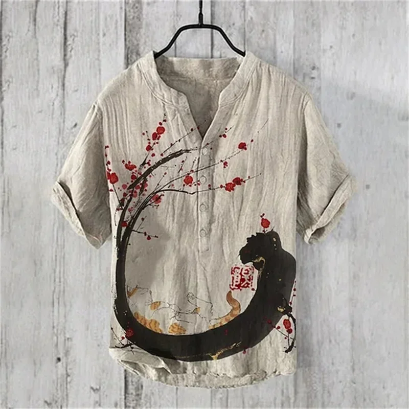 New Fashion Men's Printed V-neck Short Sleeve Shirt Foreign Trade Fashion Casual Loose T-shirt Bamboo Linen Shirt Top