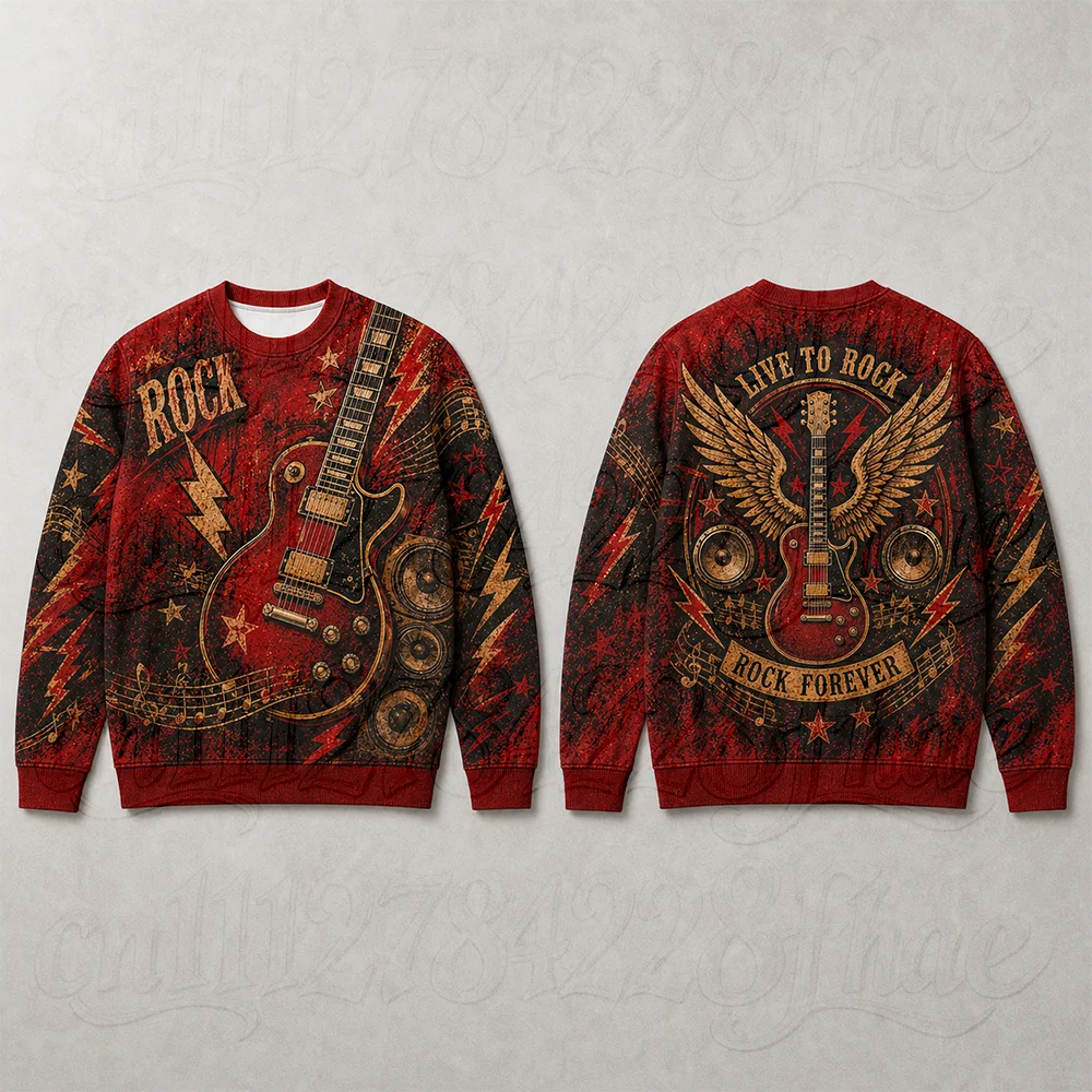 Retro Electric Guitar Sweatshirt Crewneck Long Sleeve Pullover Tops Parent-Child Rock Roll Music Stage Halloween Gifts Clothing