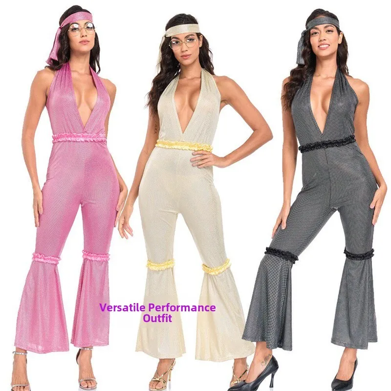 

Halloween Disco Hippie Party Costume 70s Retro Hip Hop Performance Makeup Costume Wide Leg Pants High Waist Long Pants