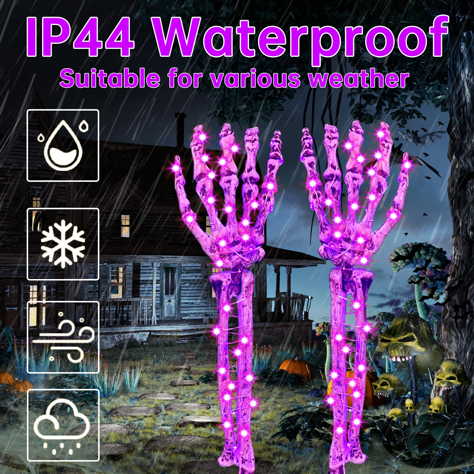 2 Buah/Set 100LED Lampu Kawat Tembaga Surya Tangan Kerangka Lampu Ungu & Oranye dengan 8 Mode untuk Dekorasi Halloween Halaman Taman Rumah