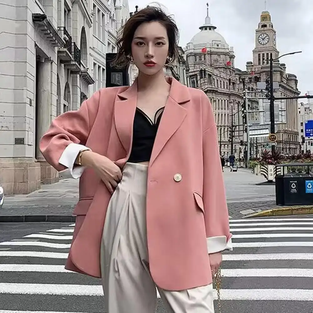 

Women Formal Suit Coa Lapel Long Sleeve Single Breasted Suit Jacket with Pockets Solid Color Loose Fit Leisure Outwear