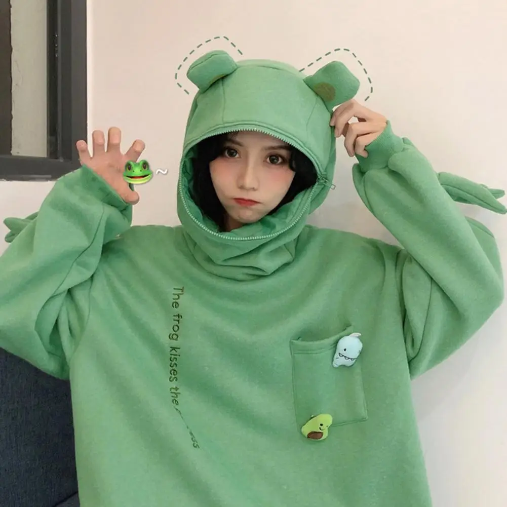 Cartoon Frog Women Winter Hoodie Big Patch Letter Embroidery Winter Hoodie Loose Thermal Long Sleeves Students pull Pullover