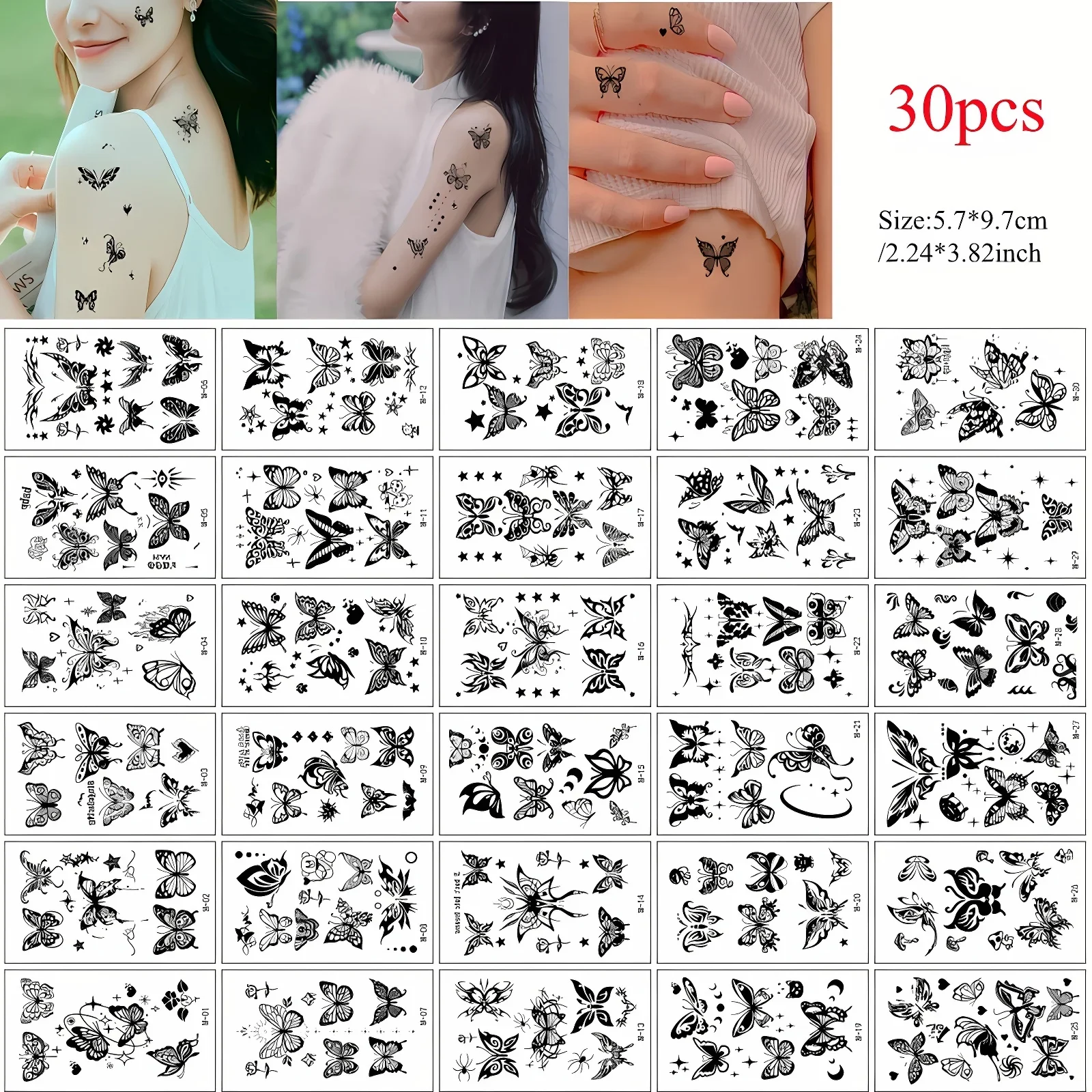 30pcs/lot Black Butterfly Tattoos for Girls Women Waterproof Sexy Fake Tatoo Stickers for Neck Wrist Leg Birthday Party Supplies