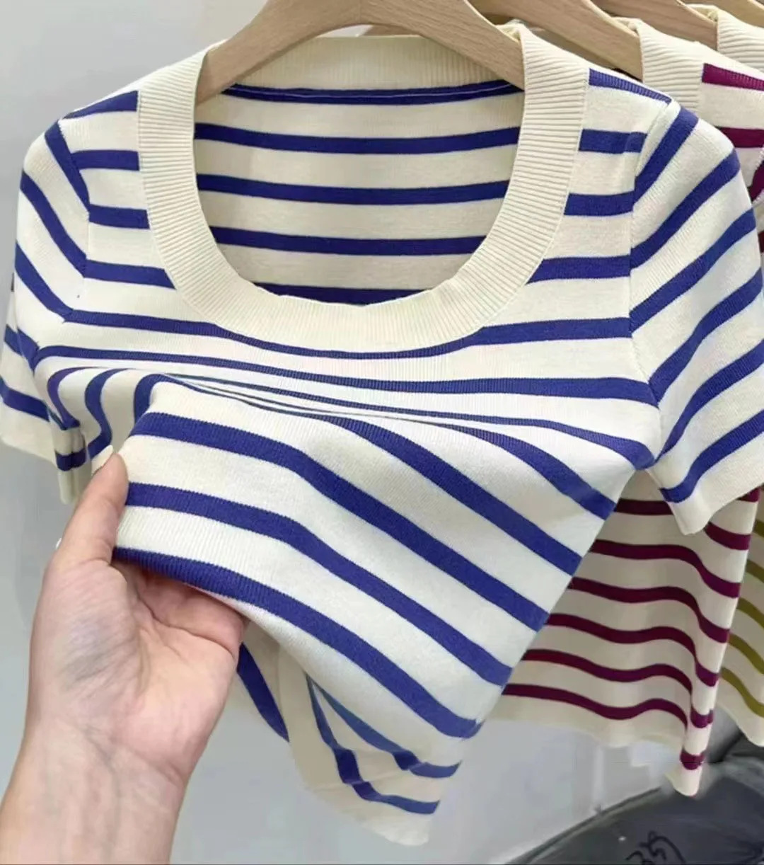 Summer New Fashion Stripe Knitted Short Sleeves Top For Women Korean Minimalist Round Neck Slimming Slim Fit Female Colthing Top