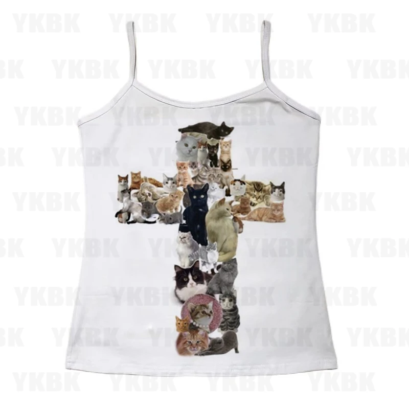 

Gothic Portrait Print T-shirt Aesthetic Y2K Kitty Cat Short Sleevle Vest Tees Fashion Streetwear White Suspenders Women Clothe