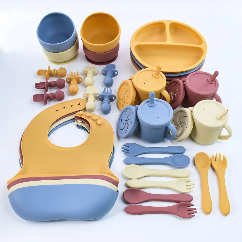BPA FREI Silikon Baby Fütterung Set Sauger Schüssel Teller Stroh Tasse Löffel Gabeln für Kinder Baby Geschirr Kinder Gerichte – Detail 6