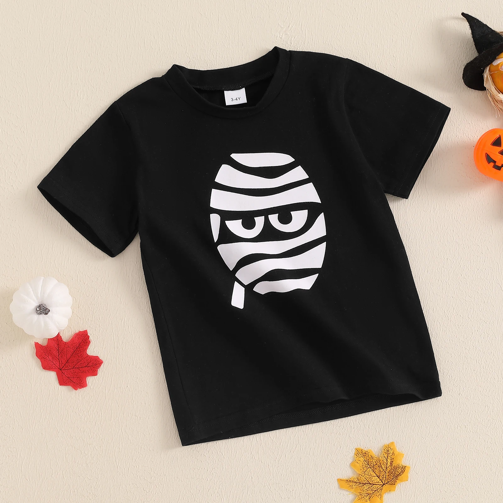 FOCUSNORM atasan anak balita 2-7 tahun, baju atasan motif kerangka hantu leher kru lengan pendek Halloween, Kaus anak perempuan dan laki-laki, usia 2-7 tahun