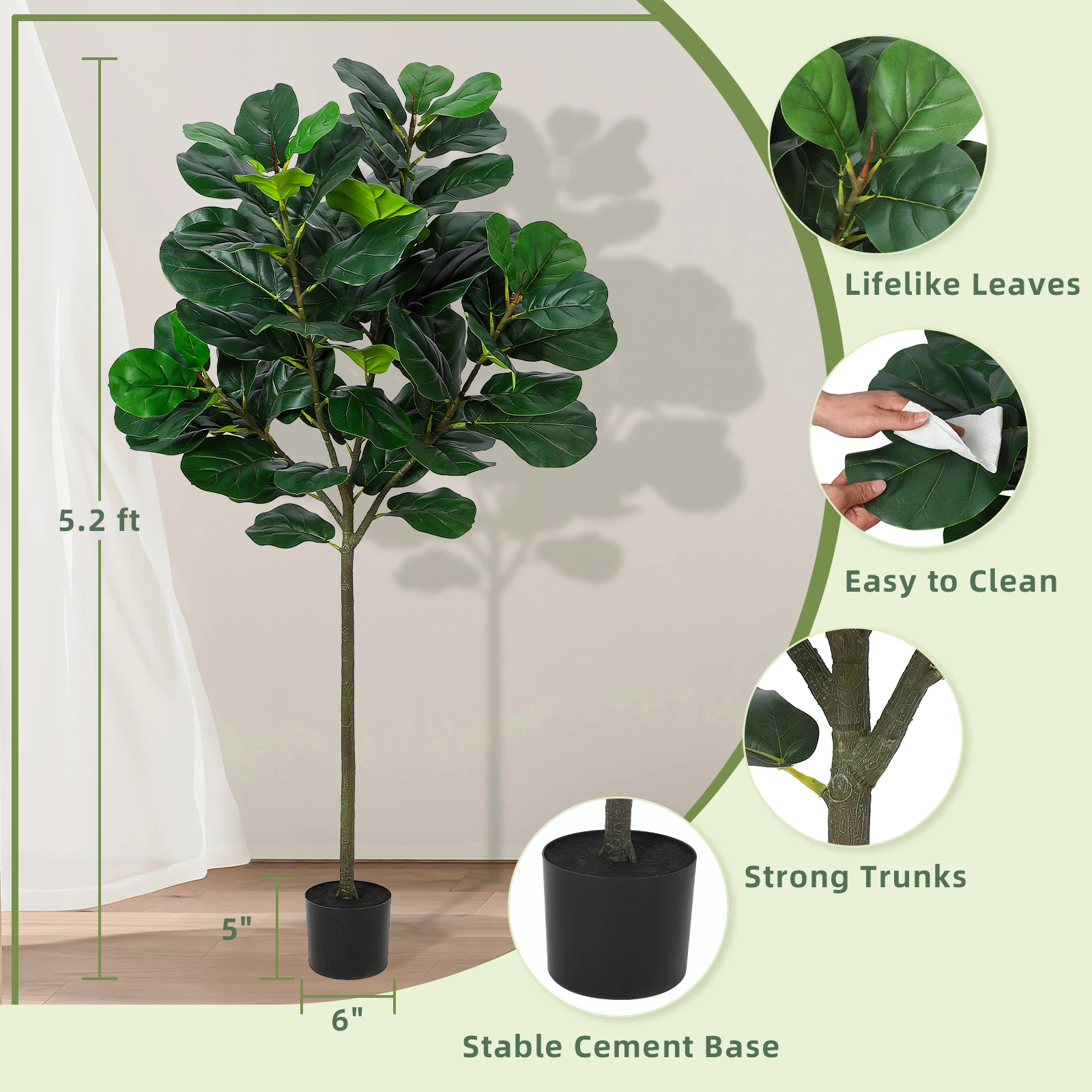 GlowSol 5.2 Ft Artificial Fiddle Leaf Fig Tree, Faux Ficus Lyrata Plant with 62 Fiddle Leaves, Tall Fake Plants Large Floor Plan