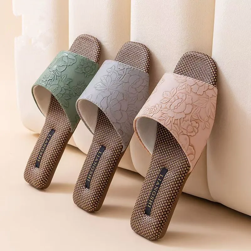 

2026 летние кожаные тапочки из ротанга с принтом, домашние домашние тапочки на мягкой подошве, впитывающие пот, дышащие элегантные и повседневные сандалии