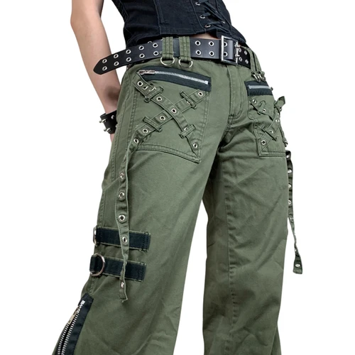 Pantalones vaqueros holgados góticos para mujer, pantalones largos de rayas abotonadas con correa de cintura alta Y2K, ropa de calle Grunge Harajuku, e-girls