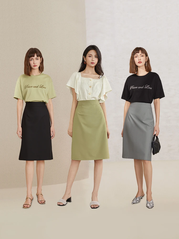 FSLE Knee-Length Skirt Women Summer Black Midi Skirts Office Lady Elelgant Slim A-LINE Skirt Female Green Bottom Z201028