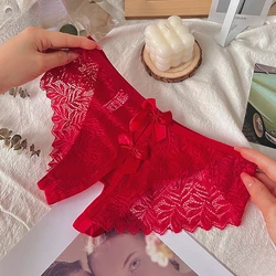 Women Red Free Crotch Slit Triangle Panties Feminine Hot Charming Couple Sheer Briefs New Bow Lace Underwear Hotsweet Breathable