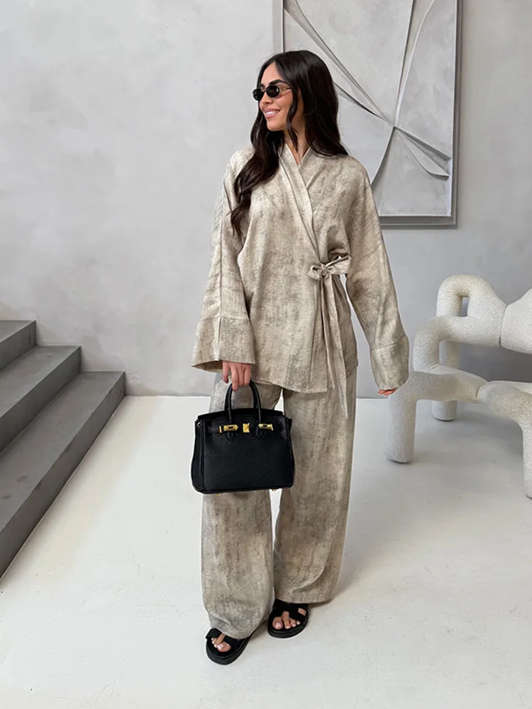 

Blouse Wide Leg Pants Sets Women Two Piece Casual Long Sleeve V Neck Shirt Full Length Trouser Suits Lady 2025 Female Streetwear