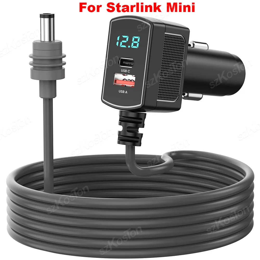 

Кабель питания 3-в-1 для Starlink Mini, 12В-24В, автомобильный адаптер для прикуривателя, Type-C USB с цифровым LED-вольтметром