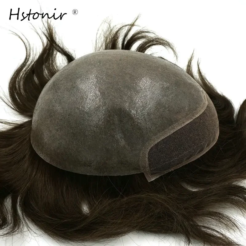 Hstonir Bio الرجال الشعر المستعار السويسري الدانتيل الجبهة بولي PU الظهر نظام الشعر دائم استبدال الهندي شعر ريمي شعر مستعار للرجل H091