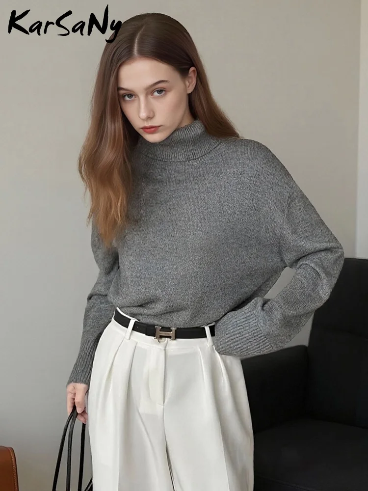 

MiuKoMiYa Women's Turtleneck Sweaters Brown Knitted Soft Pullovers White Basic Knitwear Fall Women Warm Sweaters Oversize Gray