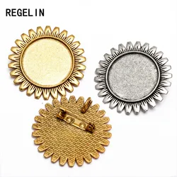 REGELIN New 5pcs/lot inner 25 mm Sun Flower Antique Gold/Antique Silver Brooch Base Fit Cabochon Tray DIY Jewelry Findings