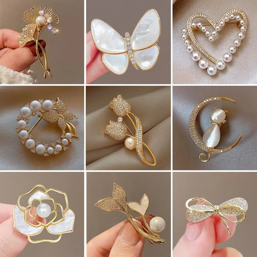Rhinestone Tulip Flower Brooch Golden Pearl Jewelry Elegant Design Luxury Clothing Accessories Men Women