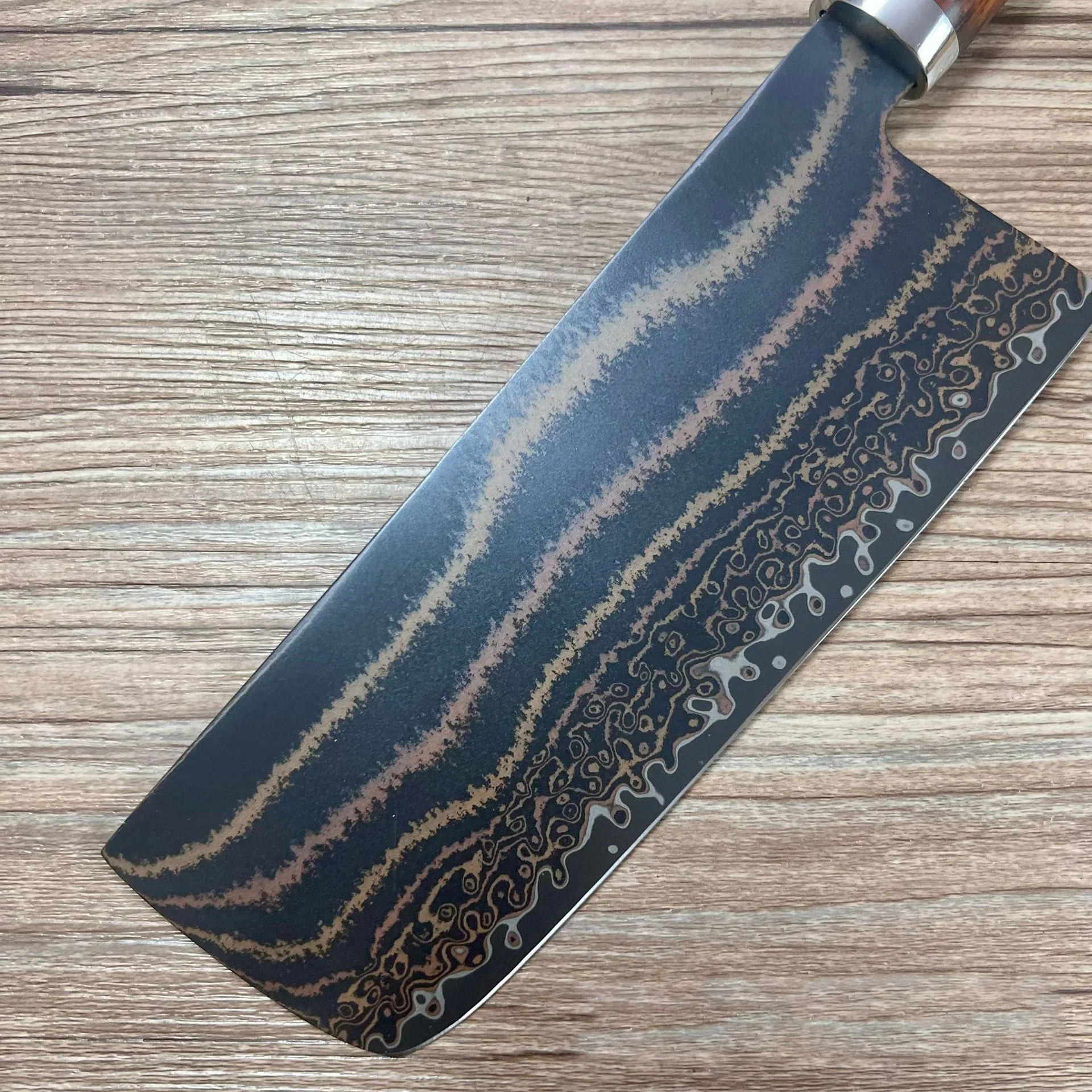 سكين الطاهي ثلاثي الألوان النحاس الدمشقي الصلب مسحوق الصلب الأساسية شفرة تقطيع الخضروات الساطور اللحوم سكين المطبخ دون صندوق خشبي