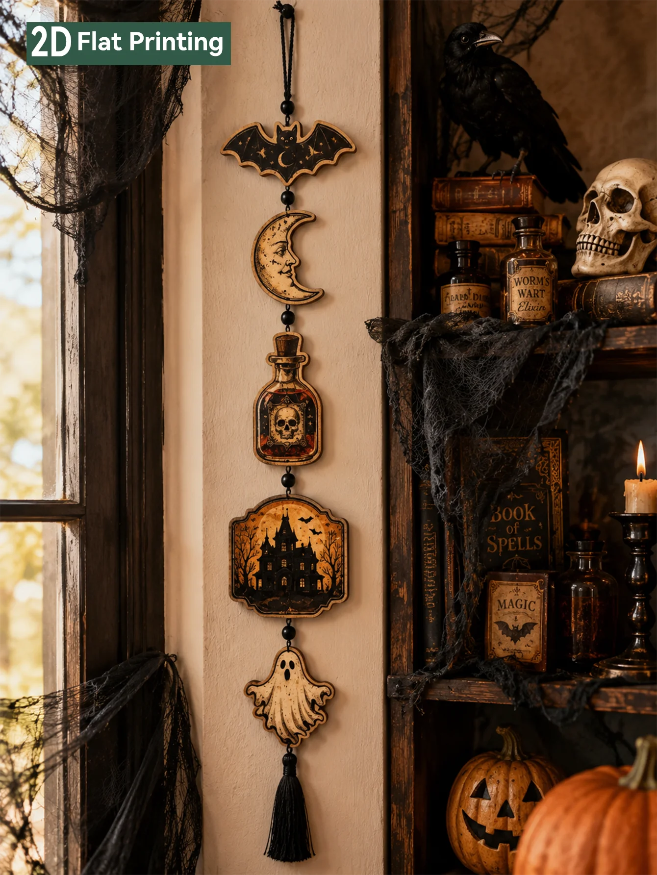 Vintage Halloween Hanging Wall Sign Spooky Gothic Pumpkin Bat Ghost Black Cat Tassel Garland Wall Art for Indoor Home Decoration