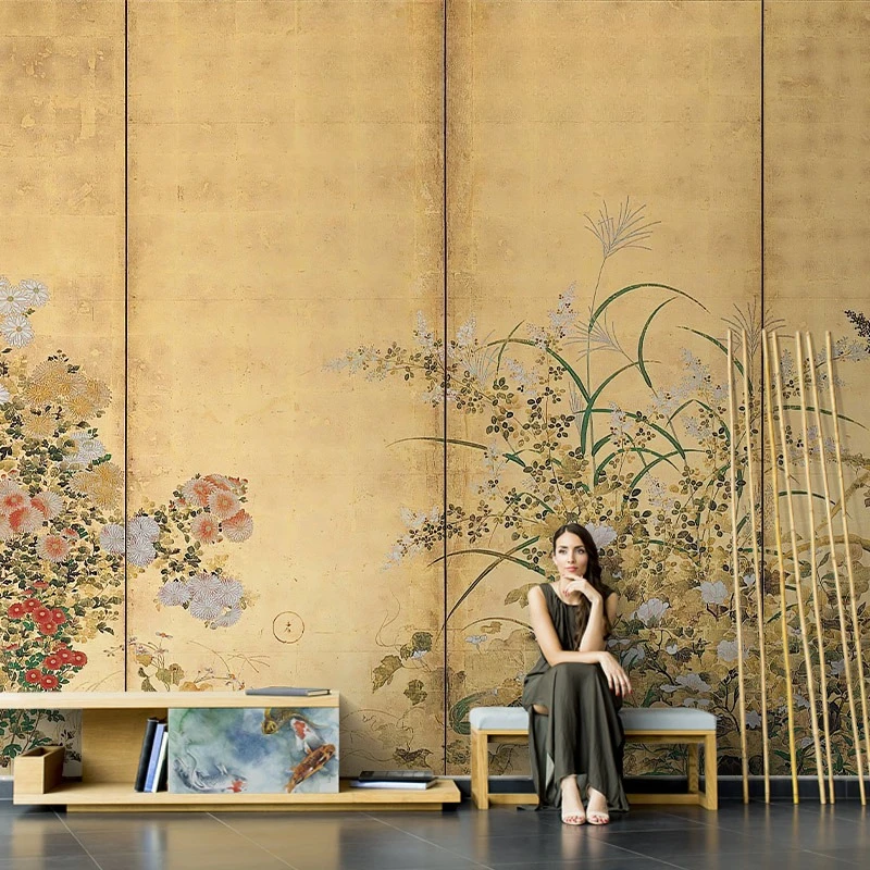 Chinese flowers and plants retro wallpaper decorative mural Guochao entrance wallpaper tea room living room TV background wall