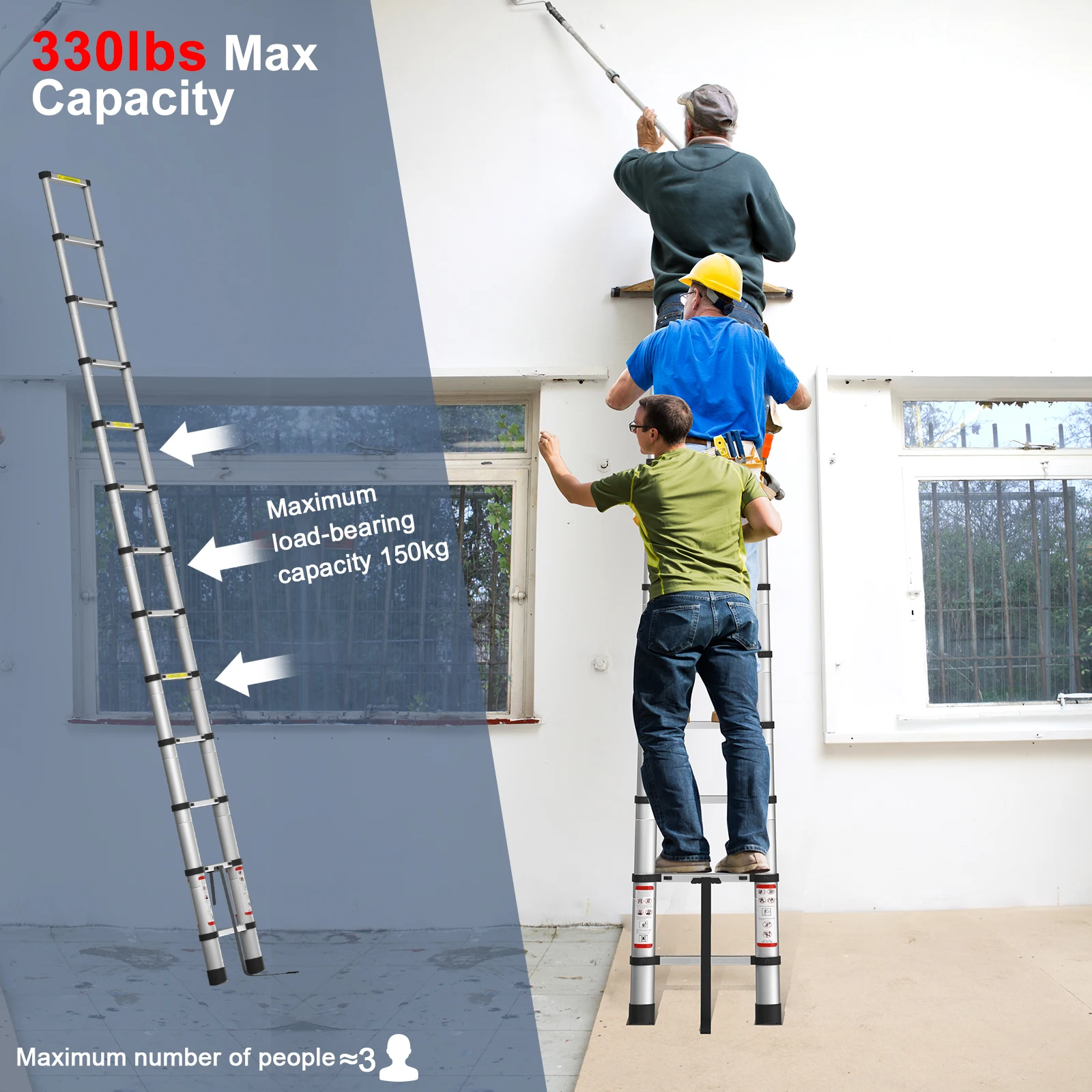 BRIEFNESS 5M Aluminium Telescopic Folding Ladder,Multi-purpose,Non-slip,Extendible,Lightweight Loft Straight Ladder,Load 330LBS