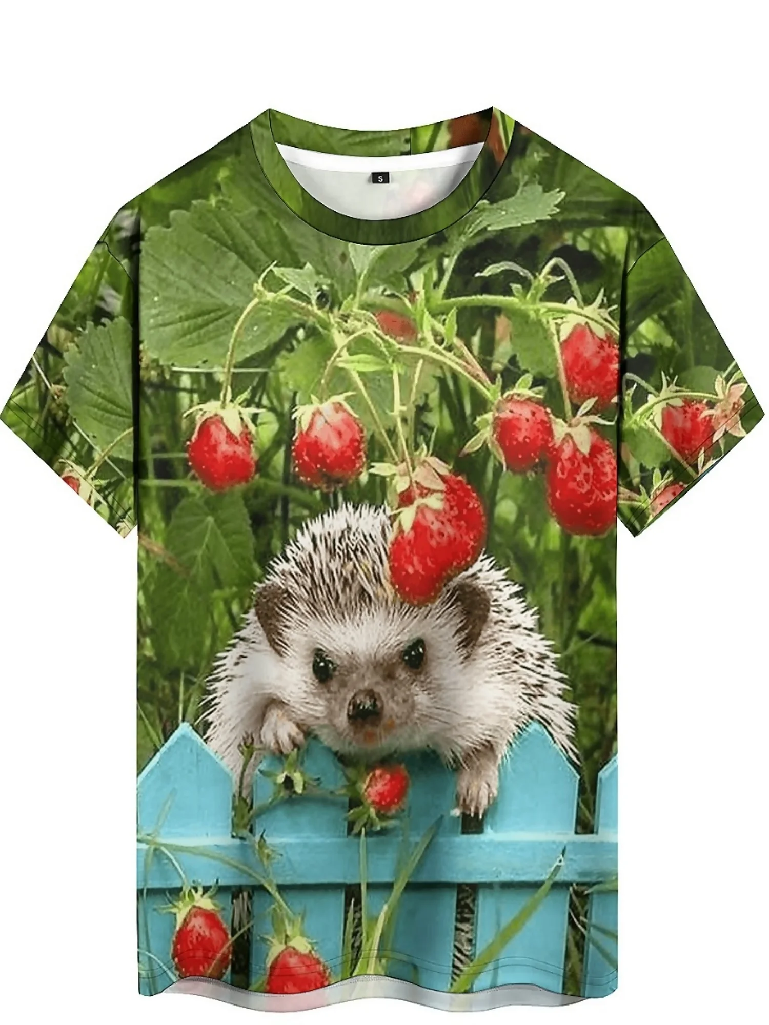 Men's Retro Y2K Geometric 3D Print T-Shirt with Cute Hedgehog & Strawberry Design - Artistic Abstract Pattern, Short Sleeve