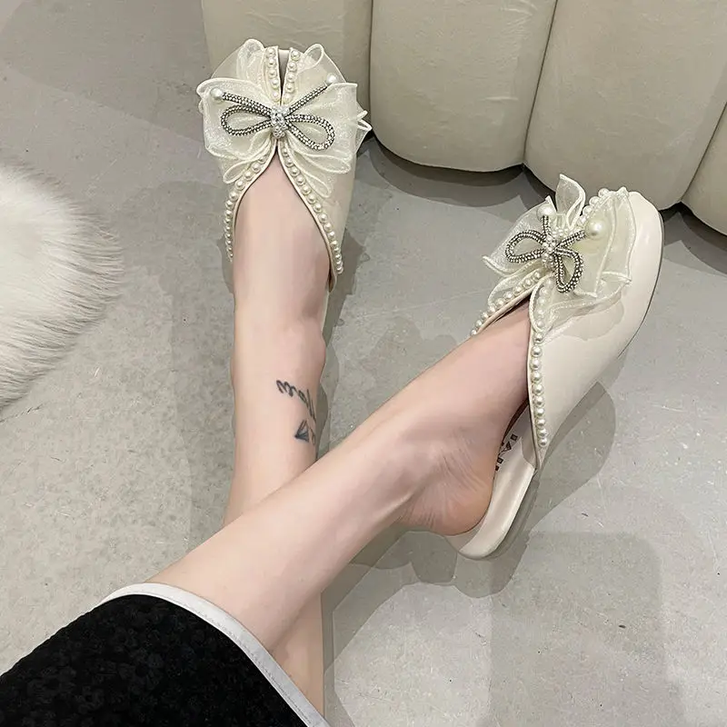 Female Sandal Retro Woman Shoes Clear Heels 2023 Summer Girls Original Low Closed Pearl Outside New Bow Sweet PU String Bead Rub