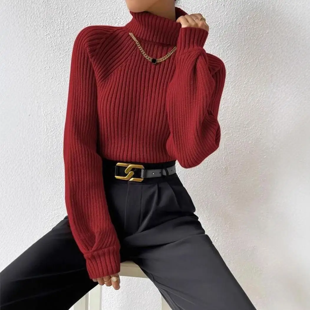 

High Ne Raglan Sweater Skinny Knitted Pullover Women's Faion Loose Fit id Pattern Polyester Fiber Thi Autumn Wear