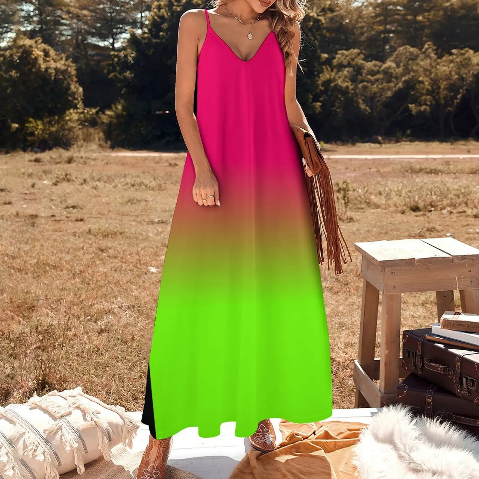 Neon Pink and Neon Green Ombré Shade Color Fade Sleeveless Long Dress Dress for pregnant women Dress